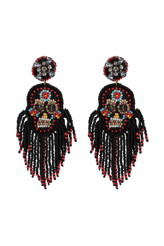 Halloween Skull Seed Beads Fringe Post Earrings