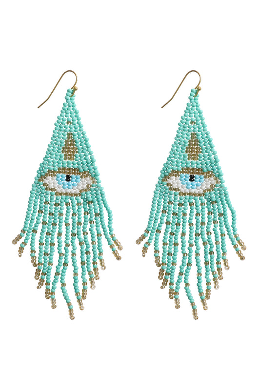 Evil Eye Seed Bead Fringe Hook Earrings