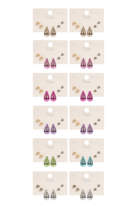 3 Pair Ccb Pearl Rhinestone Assorted Color Earrings