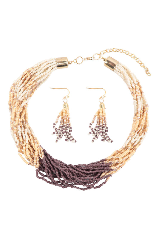 Seed Bead Multi Layered Statement Necklace and Earring Set