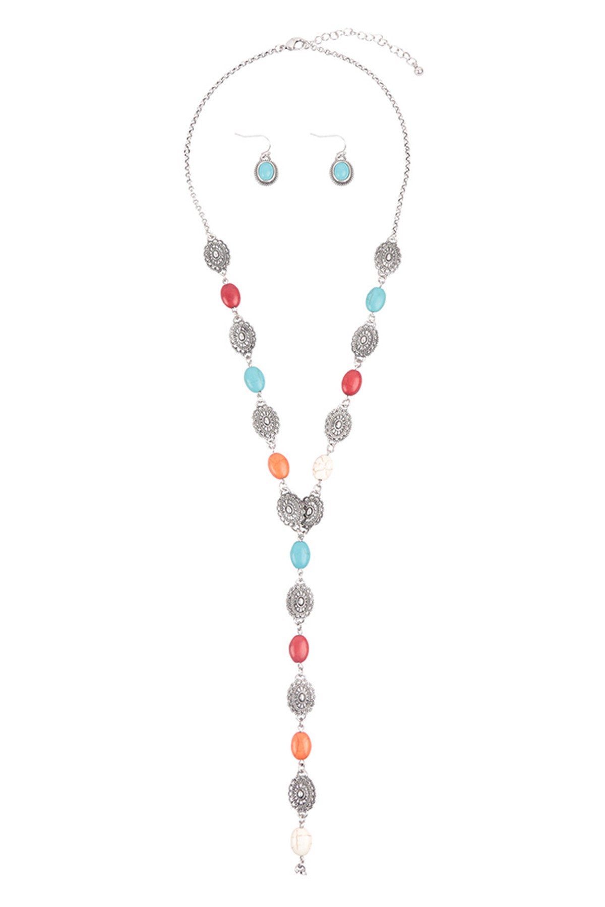 Western Concho Semi Stone Lariat Y Necklace & Earring Set