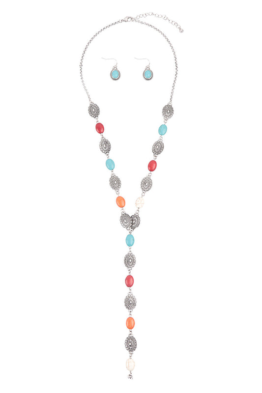 Western Concho Semi Stone Lariat Y Necklace & Earring Set