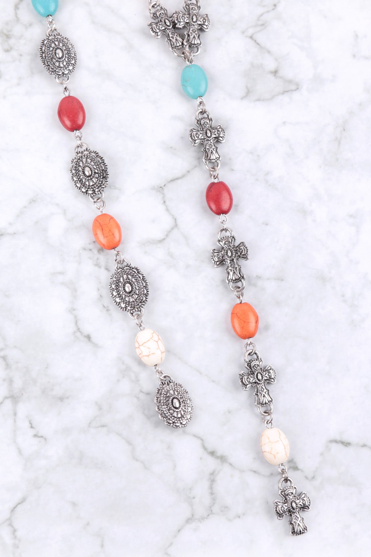 Western Concho Semi Stone Lariat Y Necklace & Earring Set