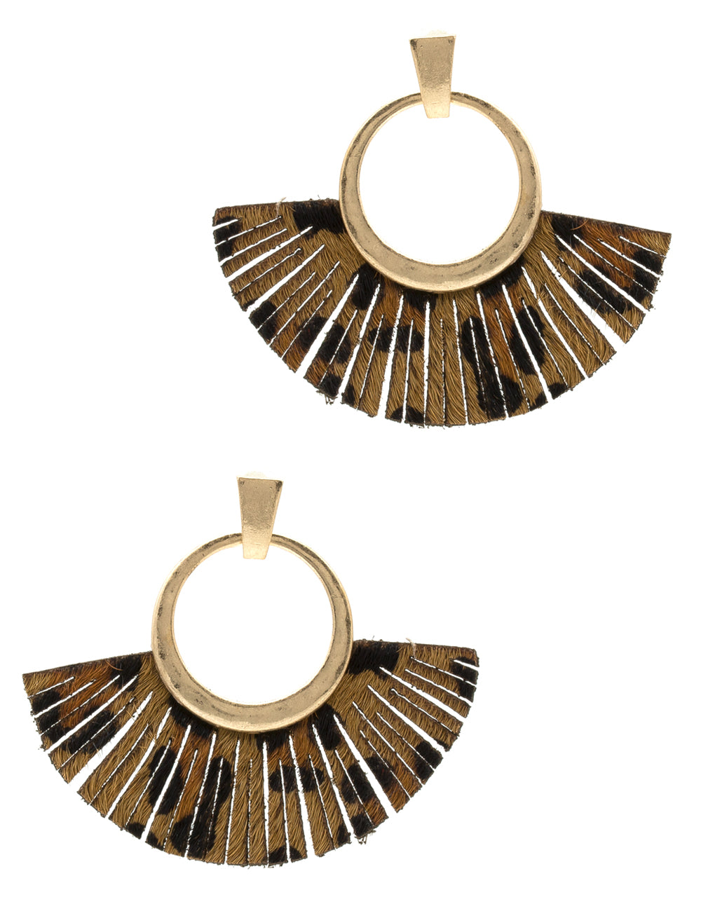 Fan Shaped Real Calf Hair Leather With Hammered Metal Earrings
