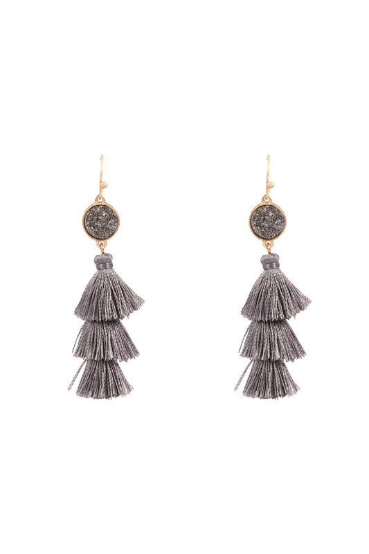 Faux Druzy With Triple Mini Layered Tassel Hook Earrings