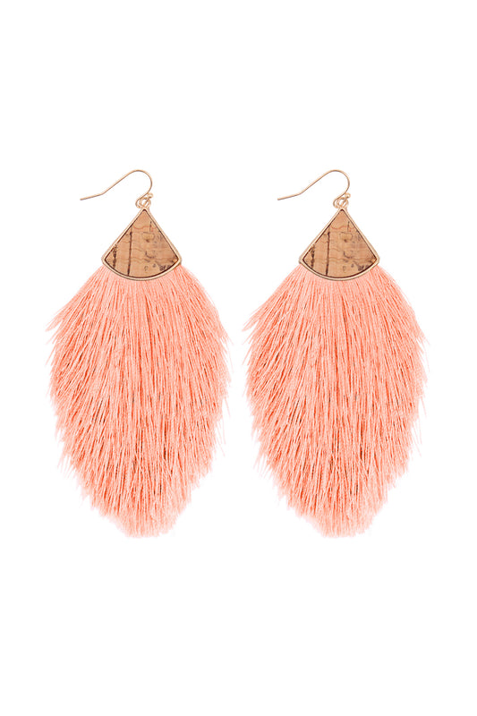 Cork W/Fringe Thread Drop Hook Earrings Peach