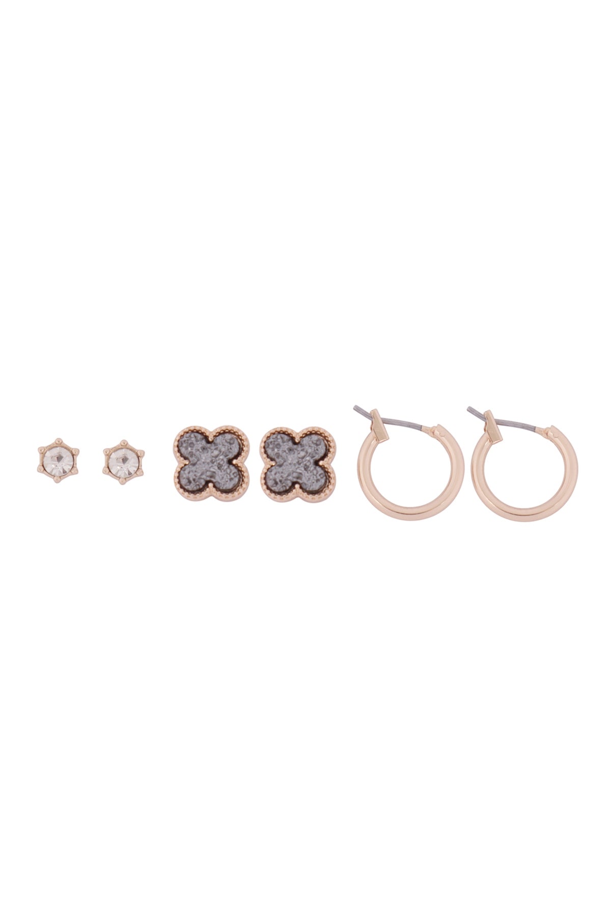 3 Set Cubic Zirconia, Druzy Clover, Huggie Earrings