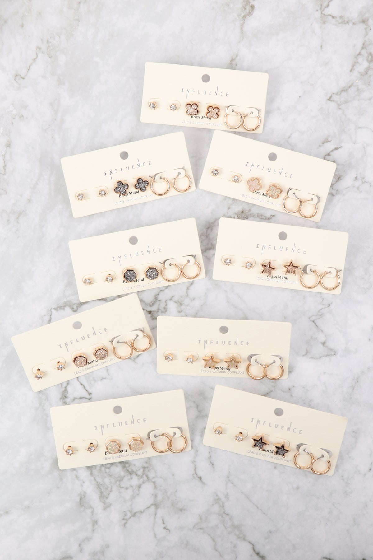 3 Set Cubic Zirconia, Druzy Clover, Huggie Earrings