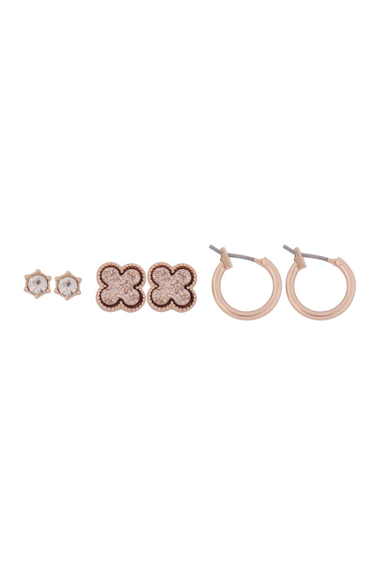 3 Set Cubic Zirconia, Druzy Clover, Huggie Earrings