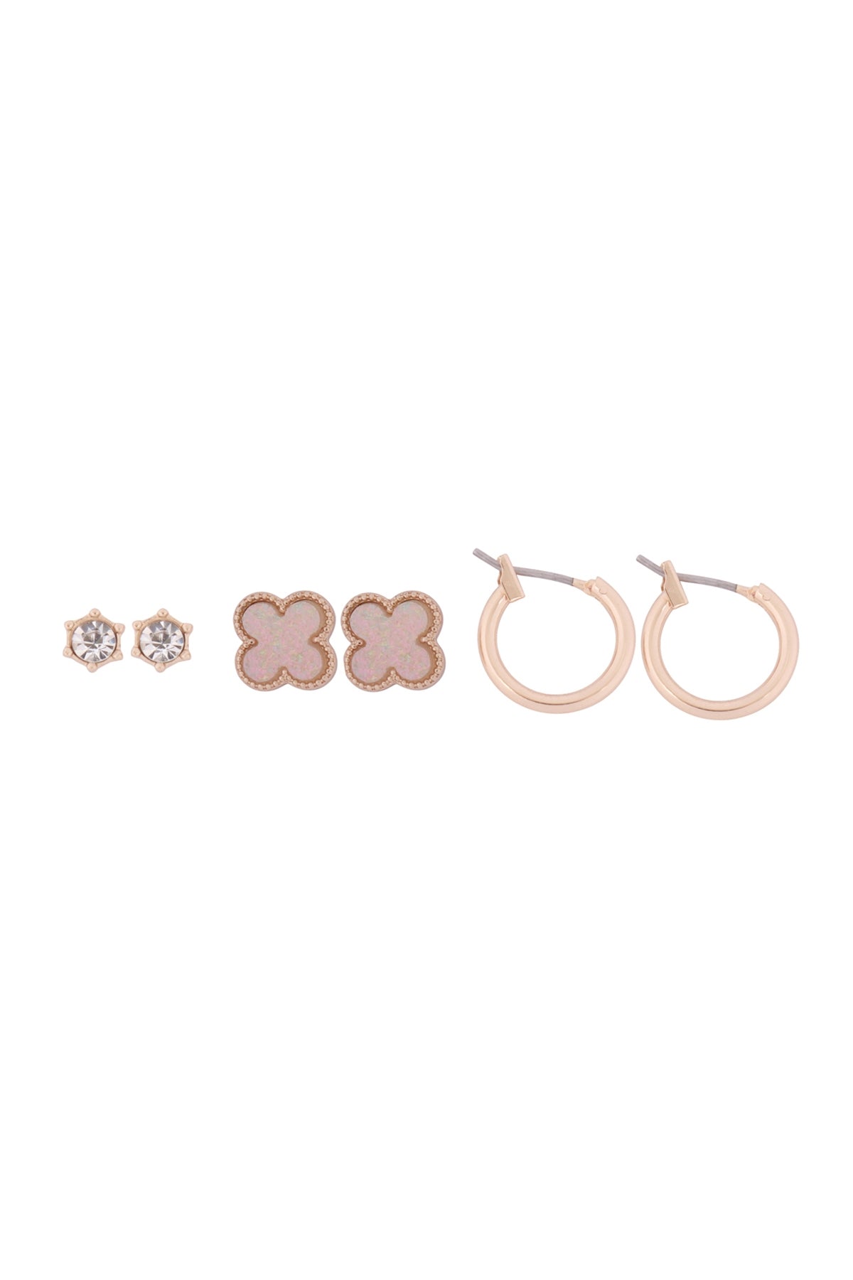 3 Set Cubic Zirconia, Druzy Clover, Huggie Earrings