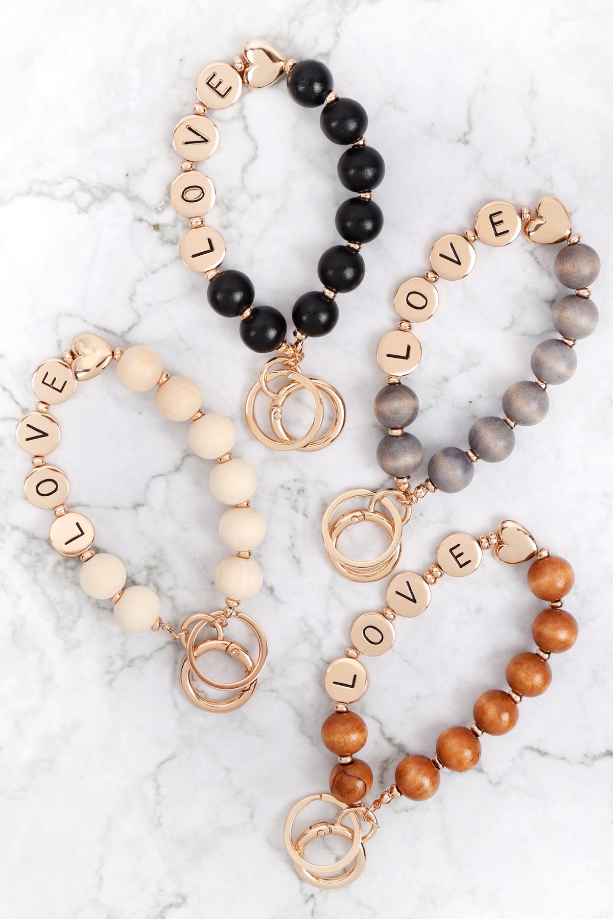 "LOVE" With Wood Bead Keychain Bracelet