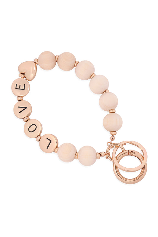 "LOVE" Wood Bead Metal Pendant Keychain Bracelet