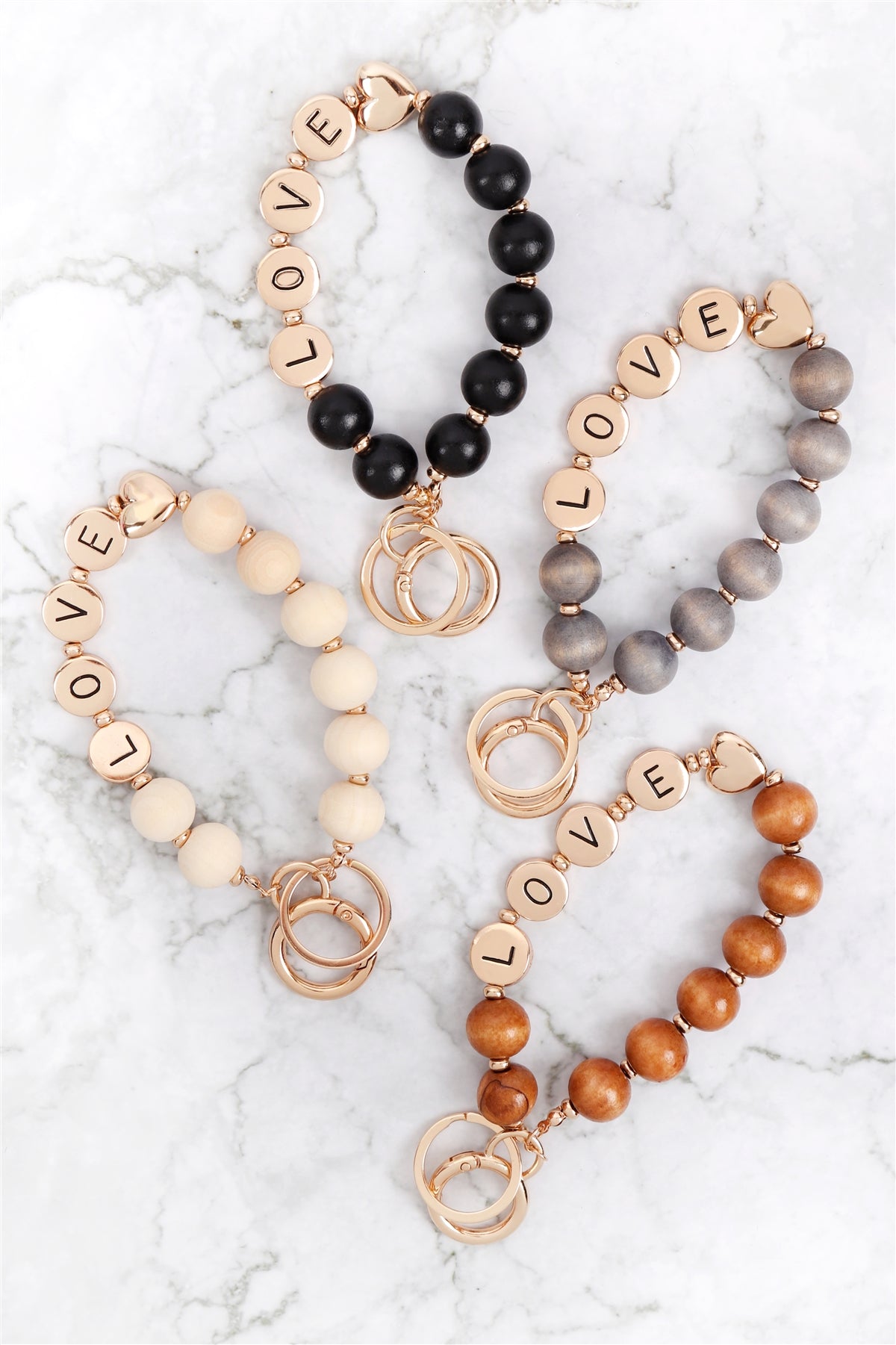 "LOVE" Wood Bead Metal Pendant Keychain Bracelet