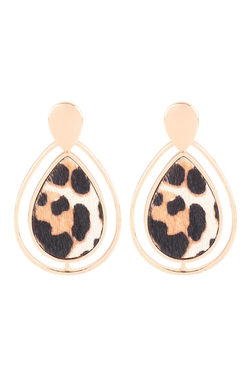 Teardrop Shape Real Calf Hair Leather Post Earrings Leopard Ivory