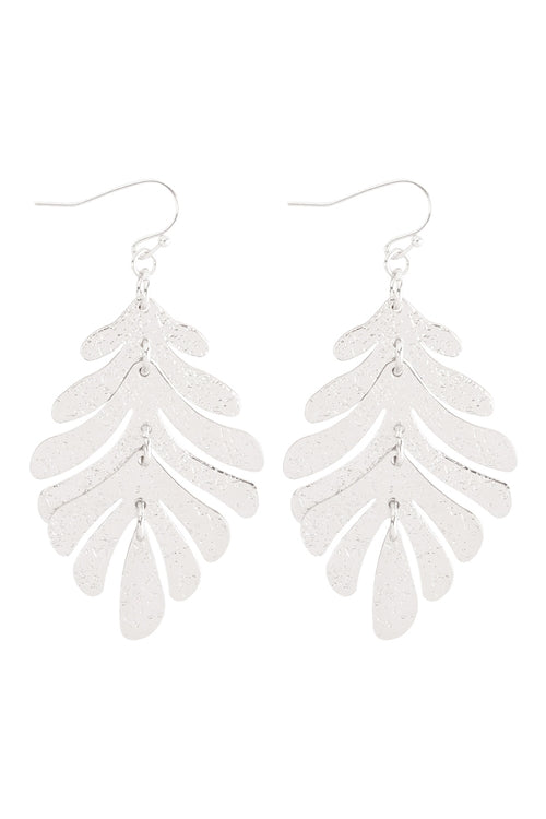 Leaf Shaped Brass Metal Hook Earrings Silver