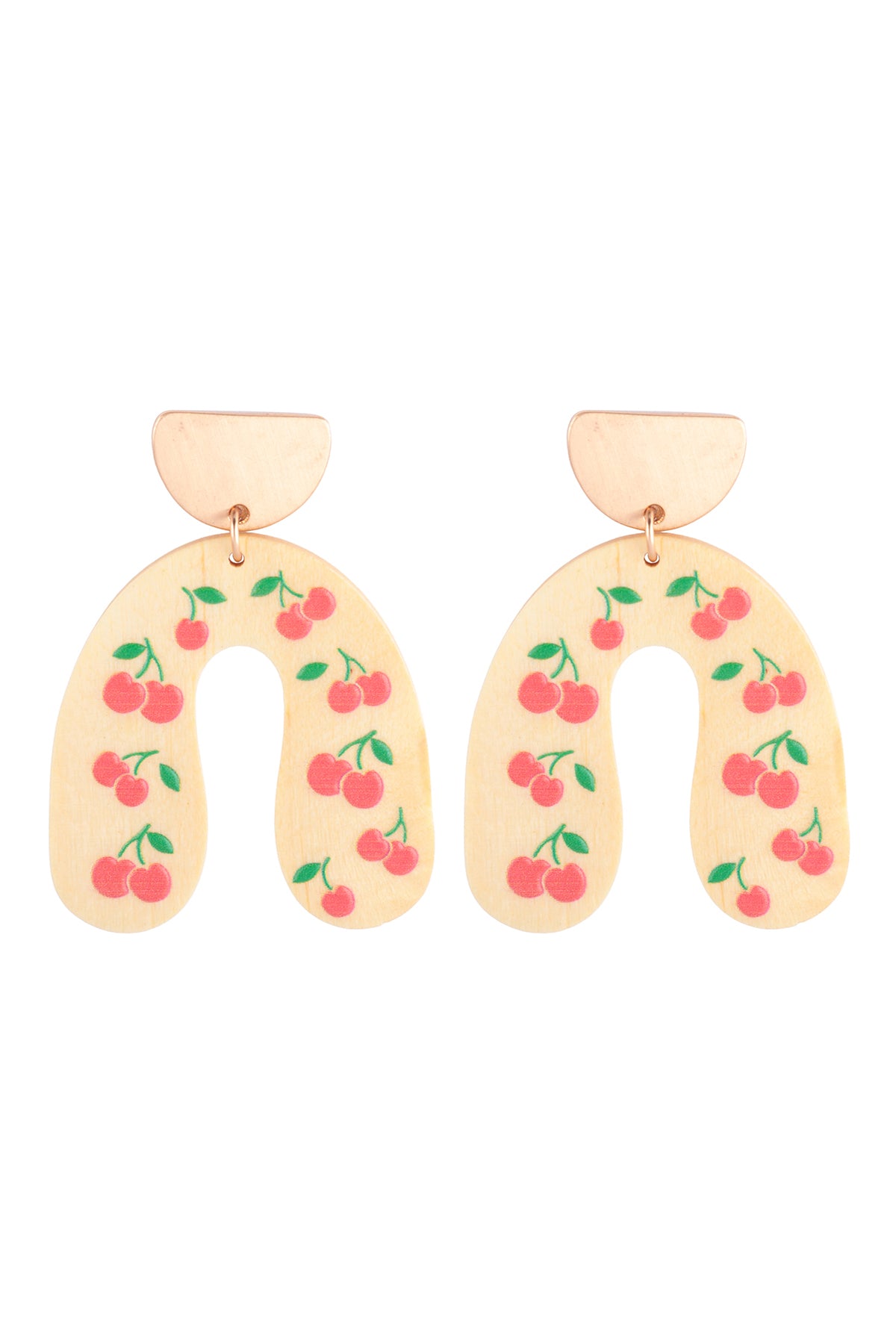 U Shaped Wood Cherry Print Post Earrings