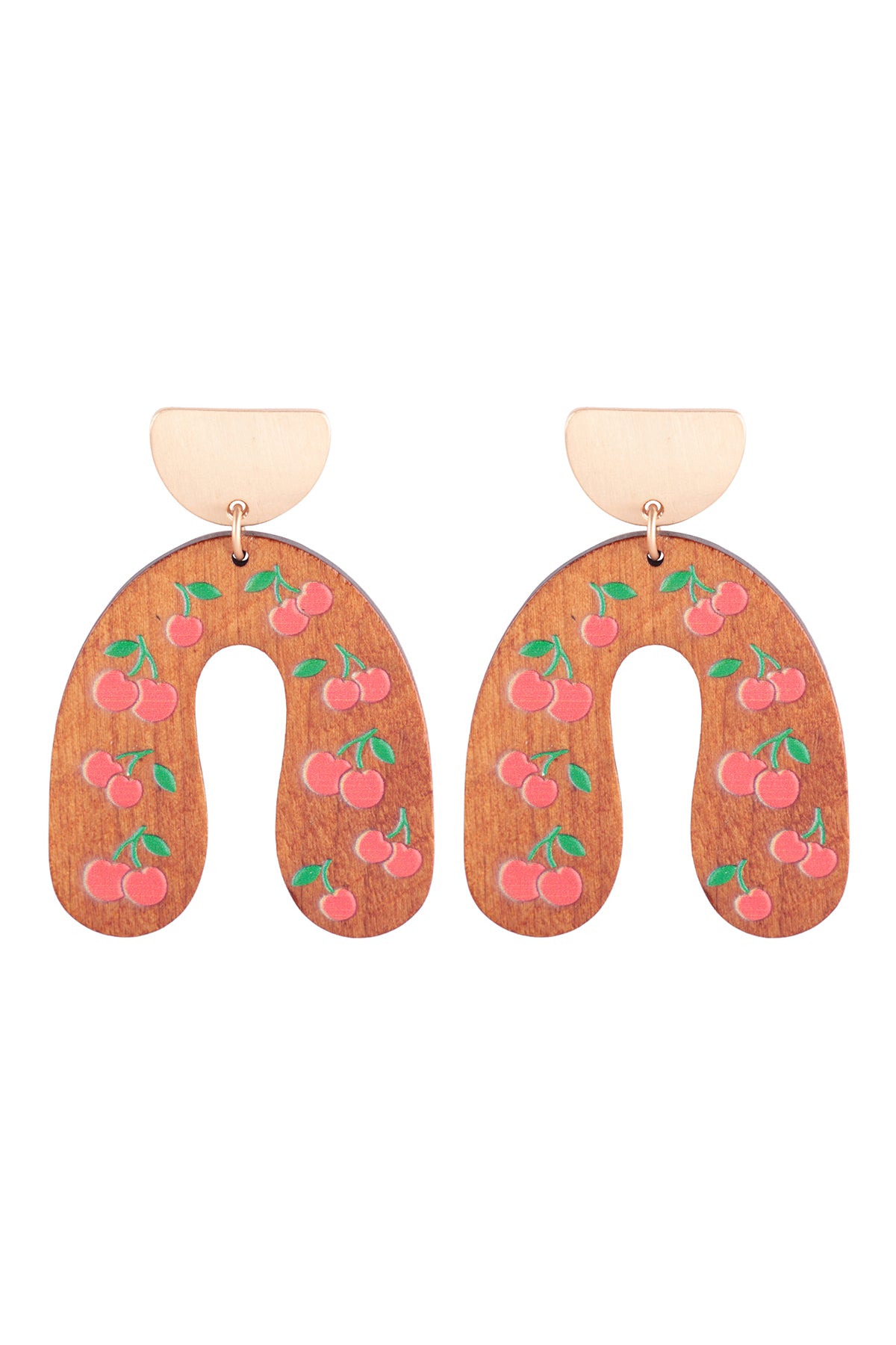 U Shaped Wood Cherry Print Post Earrings