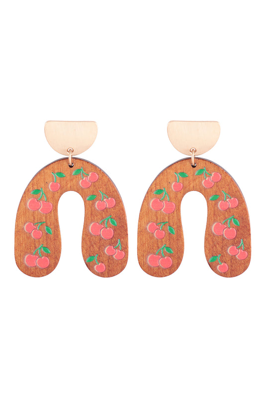 U Shaped Wood Cherry Print Post Earrings