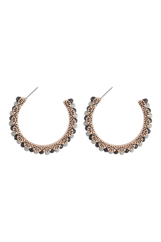 1.75" Wood Bead Western Concho Hoop Earrings