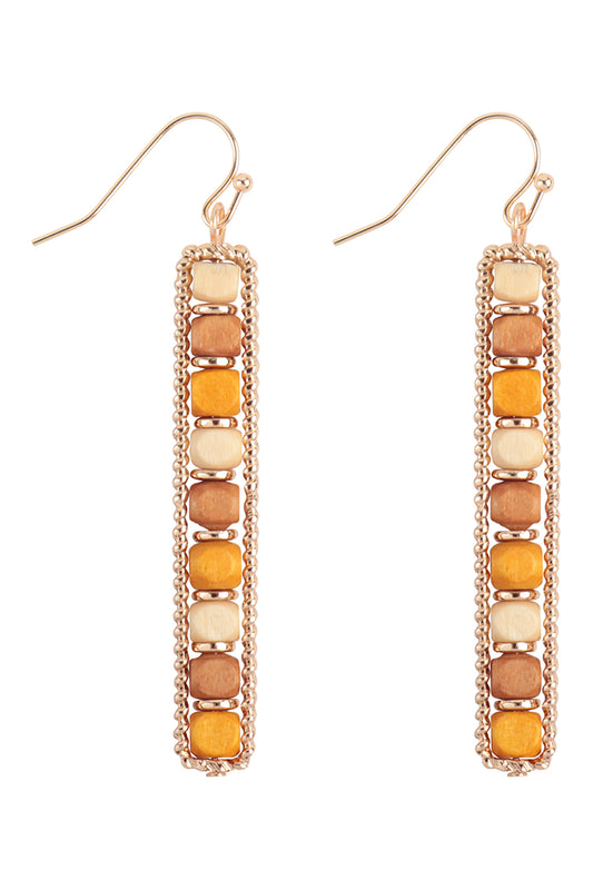 Wood Bar Shaped Mixed Bead Fish Hook Earrings Brown