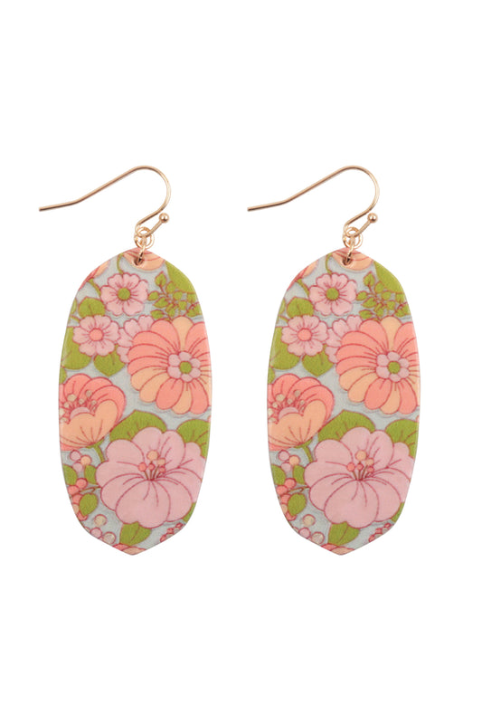 Flower Hex Print Wood Drop Earrings Pink