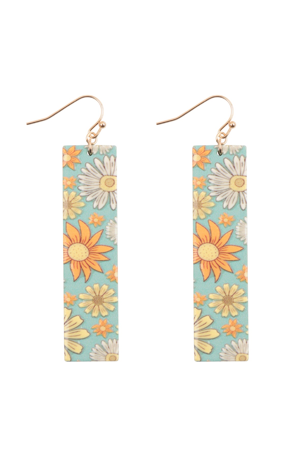 Flower Print Bar Shaped Wood Drop Earrings