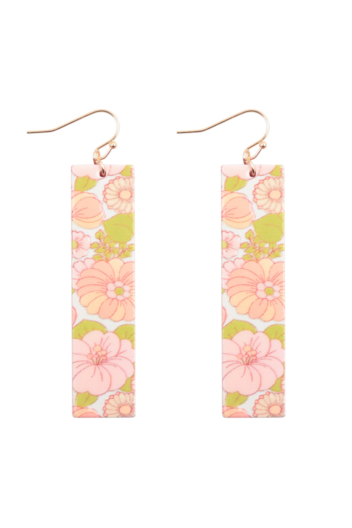 Flower Print Bar Shaped Wood Drop Earrings