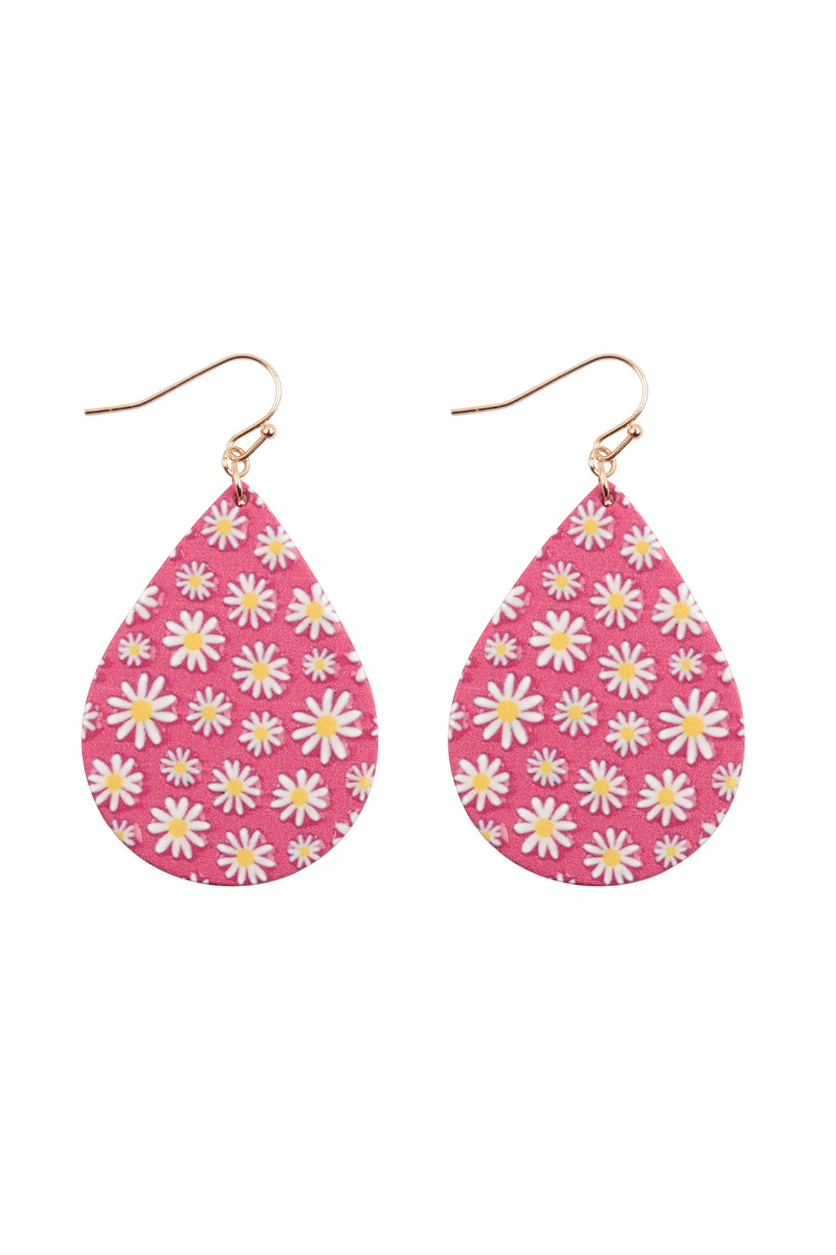 Flower Daisy Print Wood Teardrop Earrings