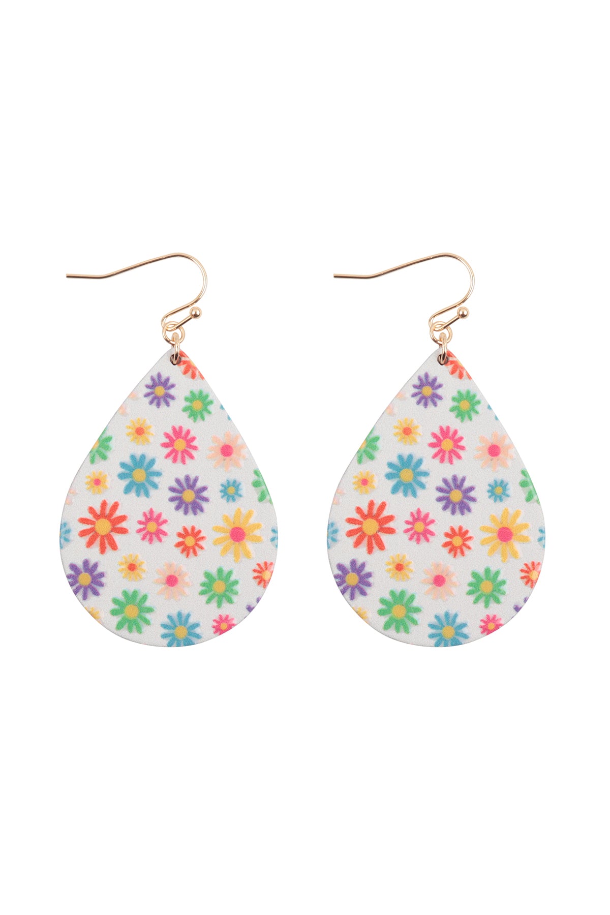 Flower Daisy Print Wood Teardrop Earrings