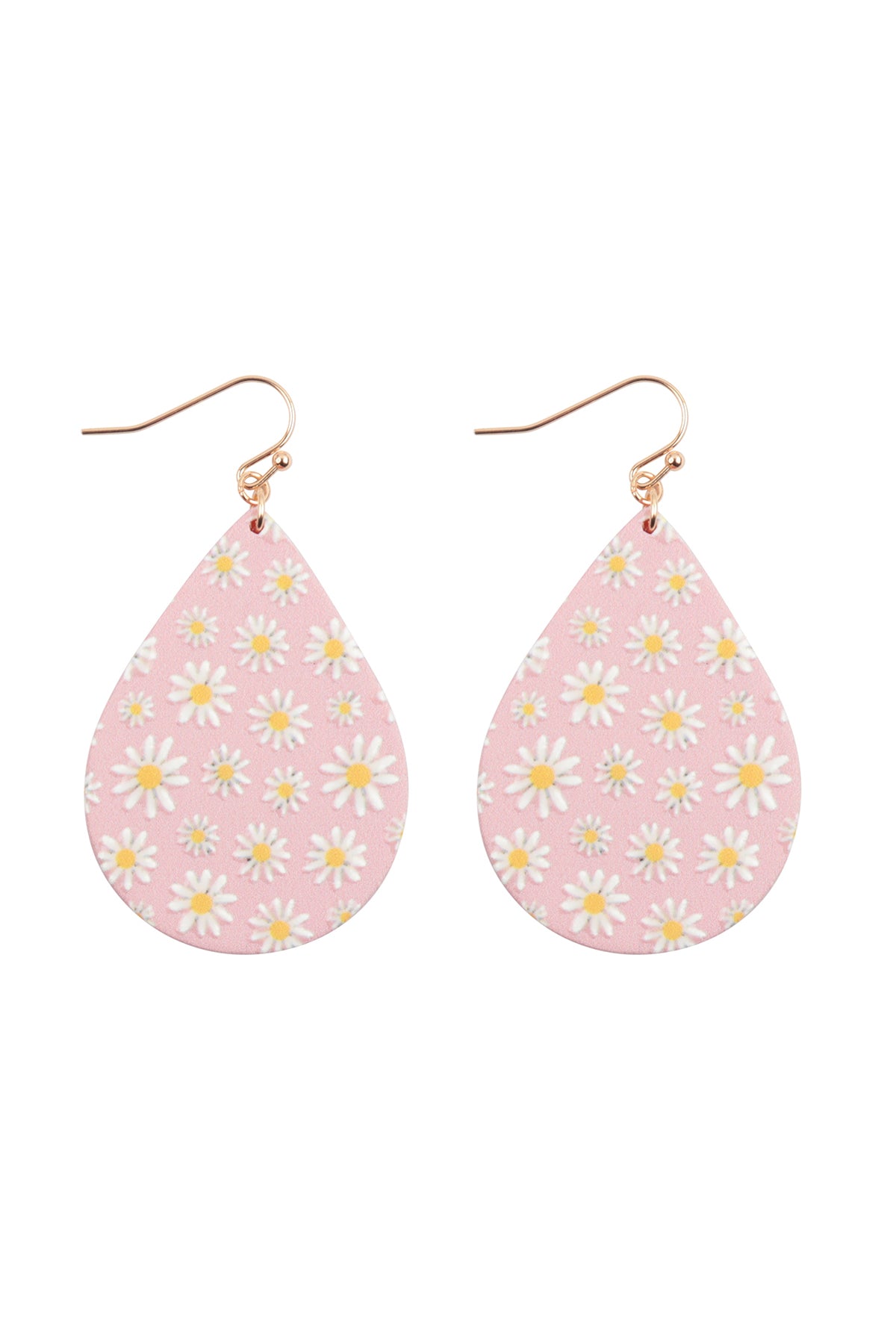 Flower Daisy Print Wood Teardrop Earrings