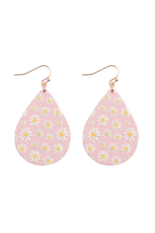 Flower Daisy Print Wood Teardrop Earrings