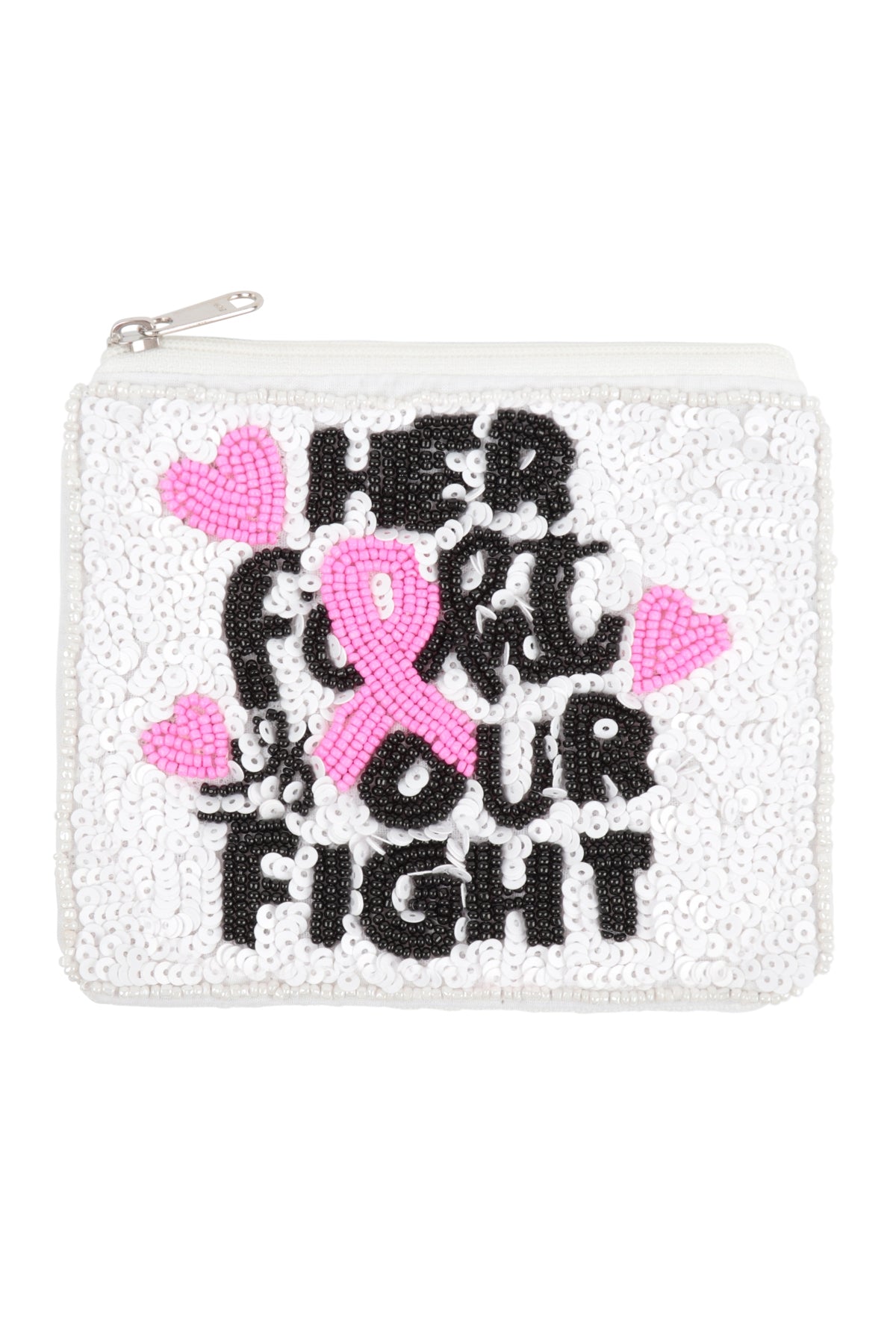 Her Foht Our Fight Pink Ribbon Awarenes Sequin And Seed Beads Coin Pouch