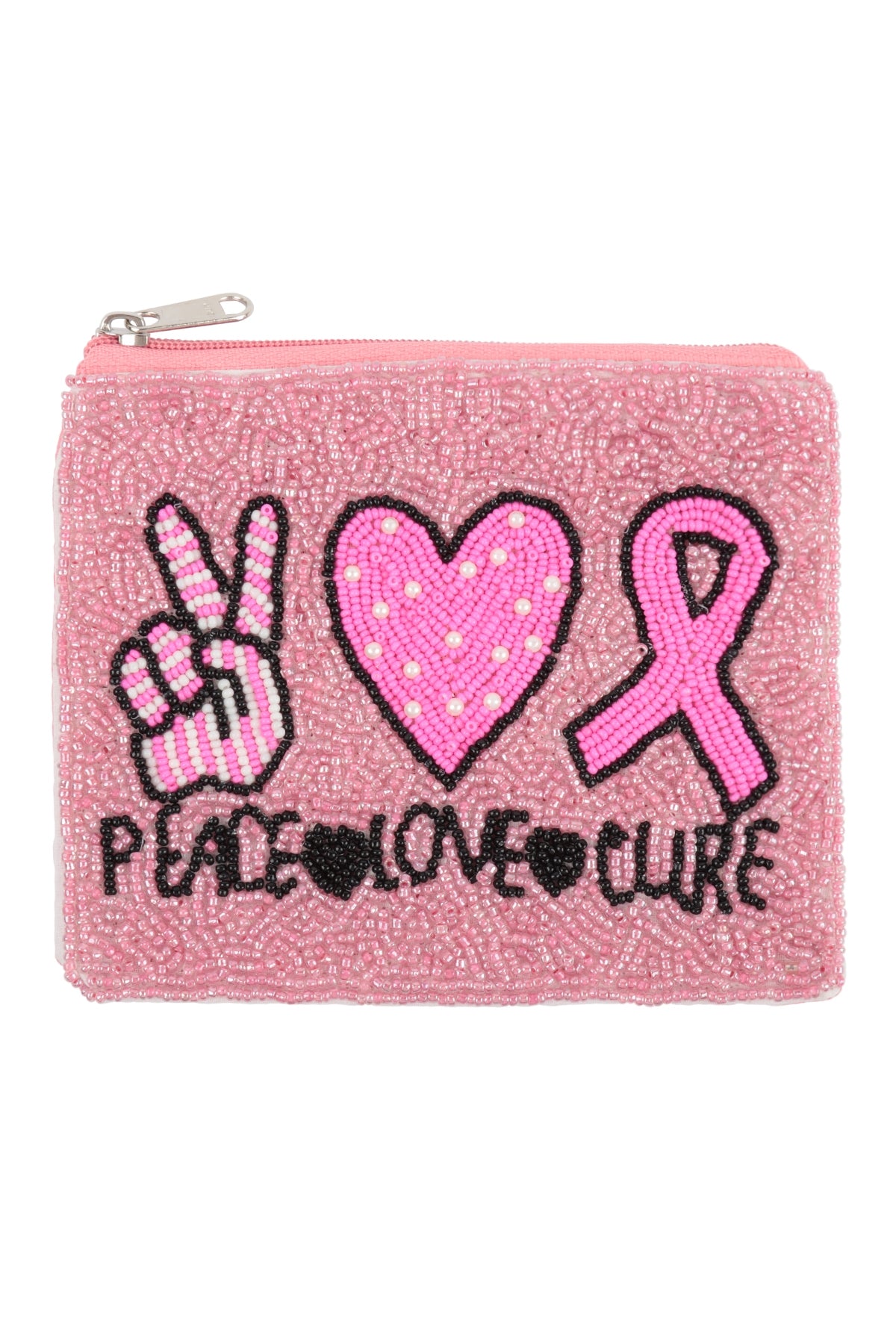 Peace Love Cure Pink Ribbon Awareness See Beads Coin Pouch