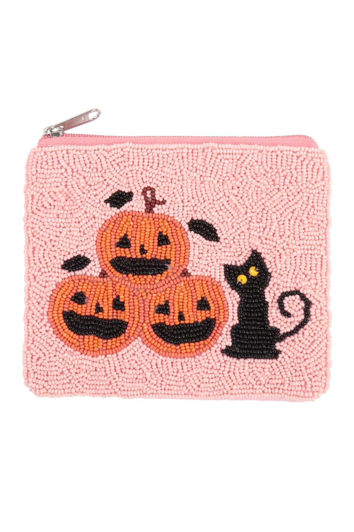 Halloween Pumpkins With Black Cat Seed Beads Coin Pouch