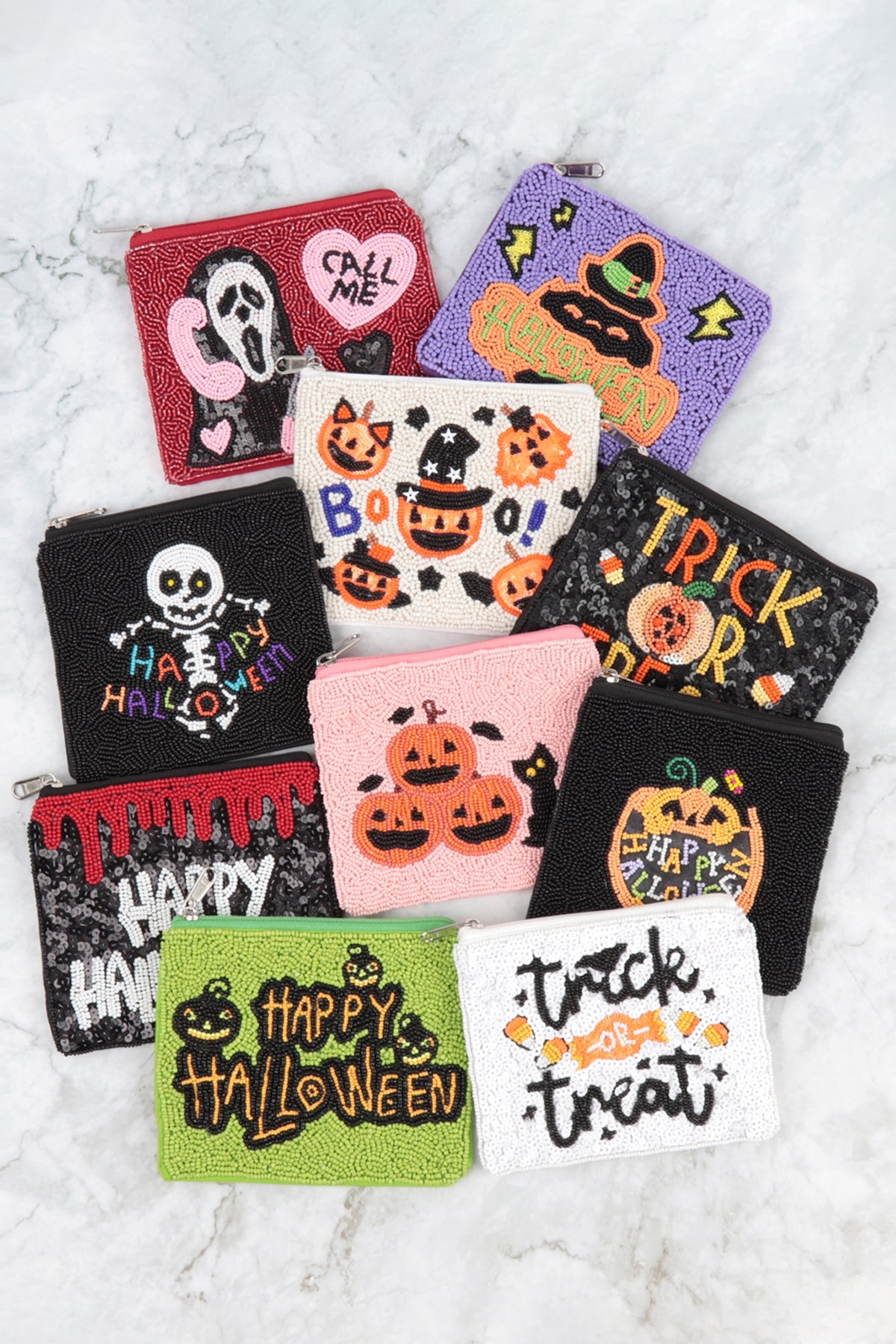 Halloween Pumpkins With Black Cat Seed Beads Coin Pouch