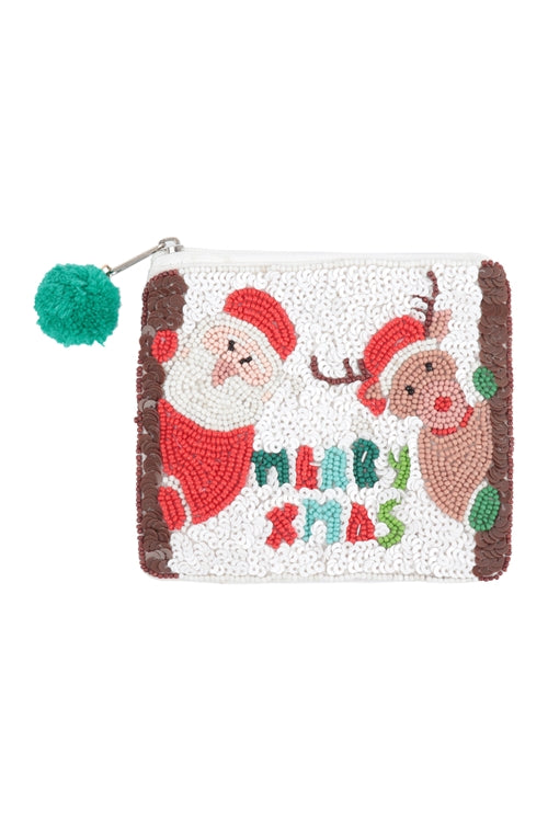 .Merry Christmas Santa, Reindeer Sequin and seed Beads Coin Pouch