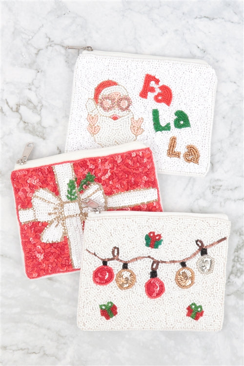 Christmas Santa Fa La La Seed Beads Coin Pouch