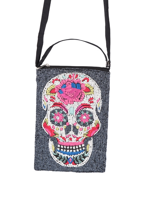 Sugar Skull Rose Seed Beads Crossbody Bag