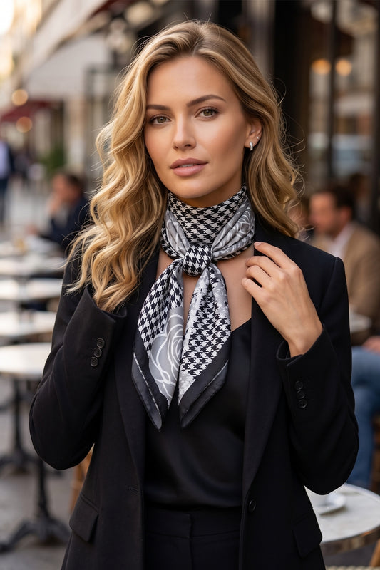 Vintage Rose & Houndstooth Silk Feel Square Scarf