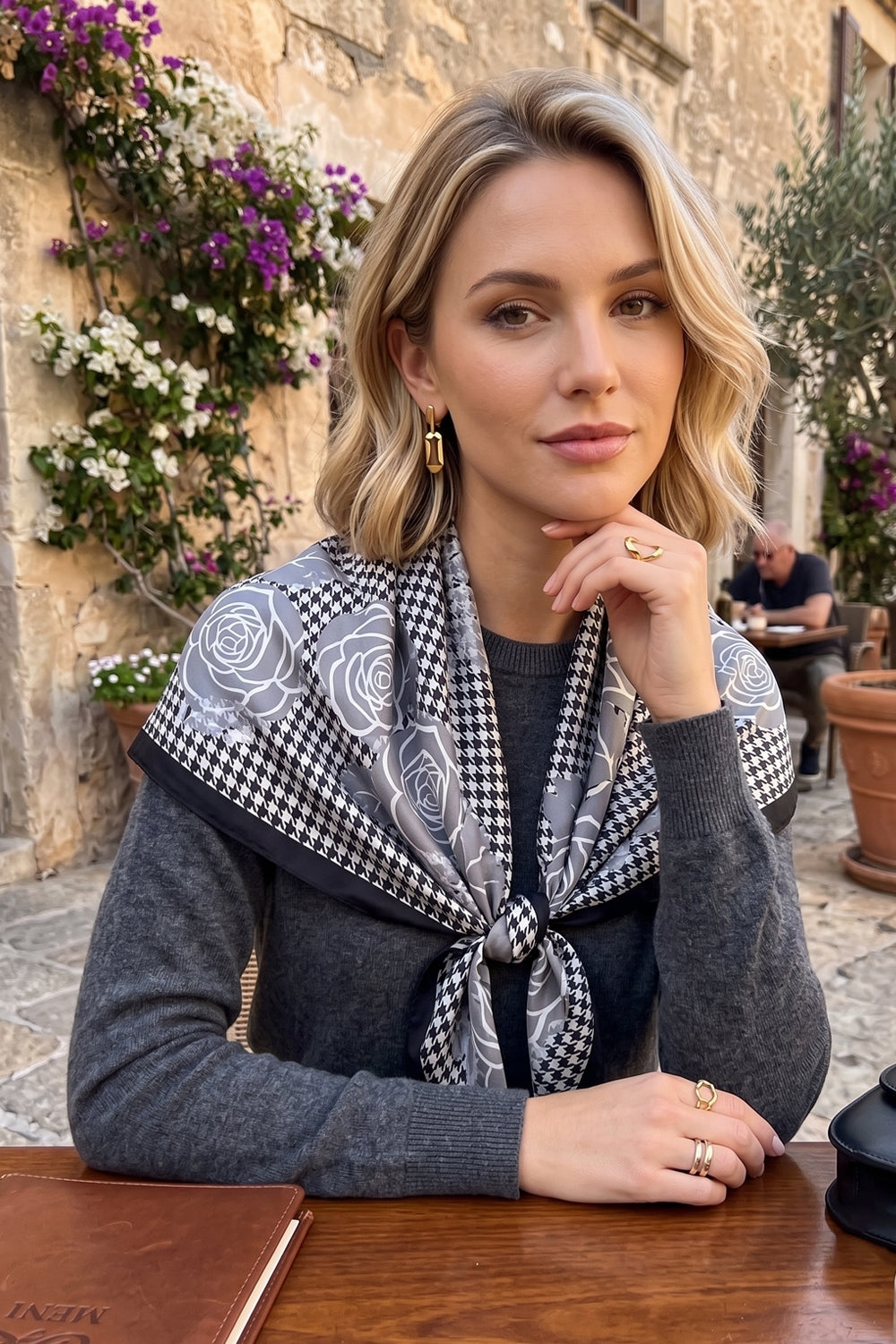 Vintage Rose & Houndstooth Silk Feel Square Scarf