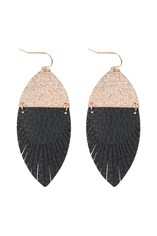 Inch Marquise Shaped PU Leather Fringe Hook Earrings Black