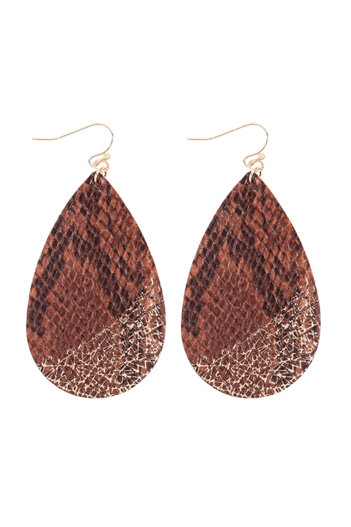Snakeskin Fish Hook Teardrop Earrings Brown