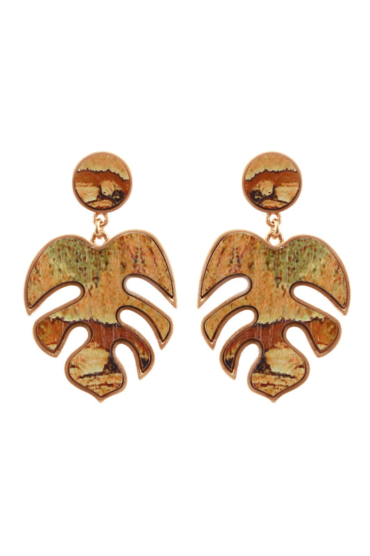 Metal Semiwood Tropical Leaf Post Earrings Brown