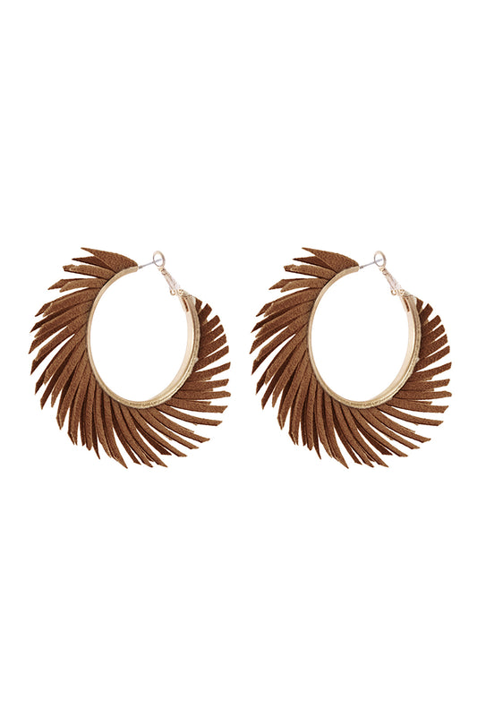 Fabric Hoop Fringe Earrings Brown