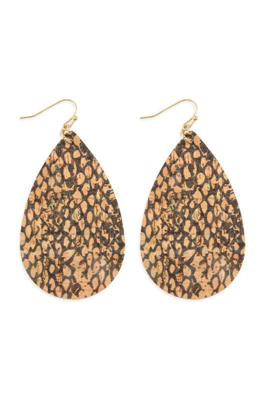 Leather Cork Fish Hook Teardrop Earrings Beige