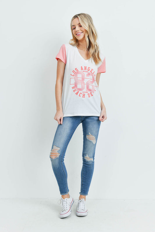 Los Angeles Graphic V-Neck Color Block Tee