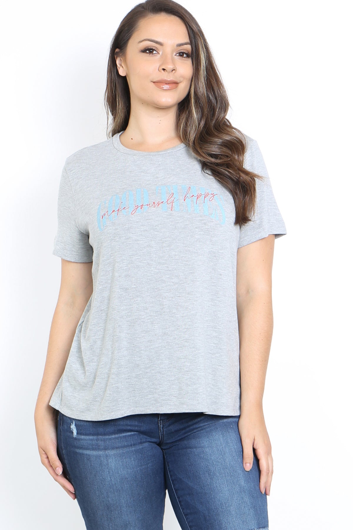 Plus Size Graphic Print "Good Times Makes Yourself Happy" Top