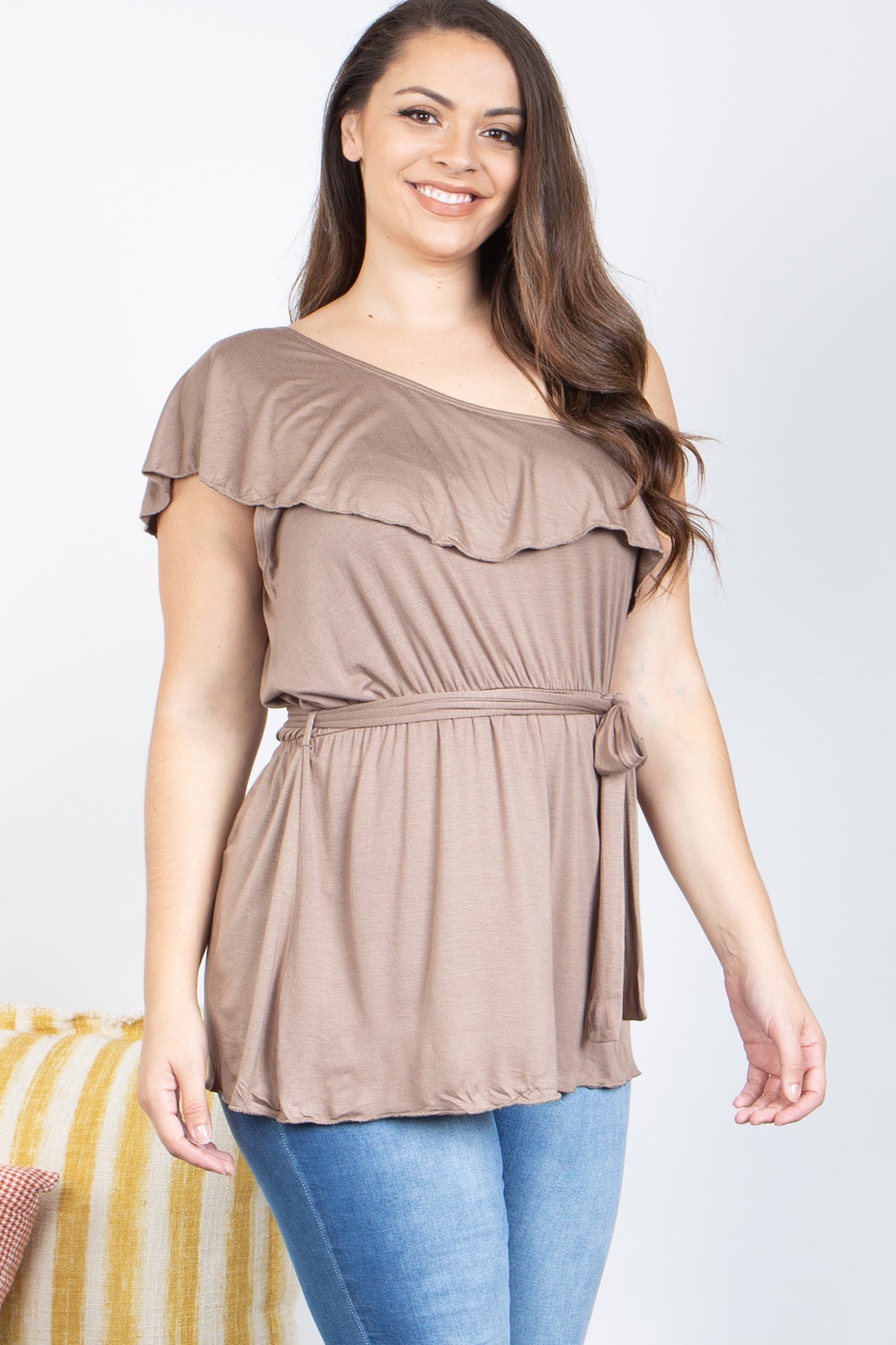Plus Size Ruffle One Side Cold Shoulder Waist Tie Solid Top