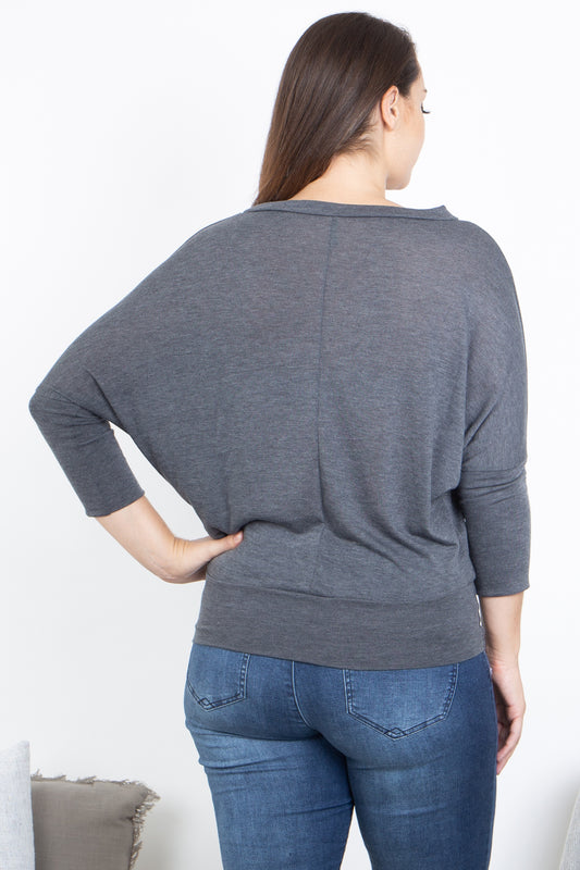 Plus Size Quarter Sleeve Dolman Sleeve Solid Top