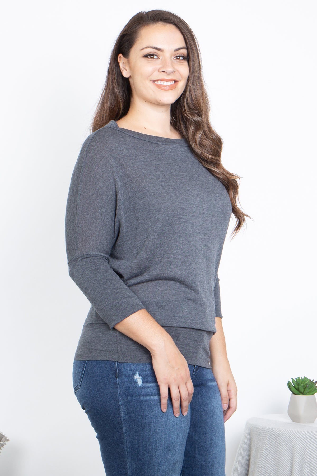 Plus Size Quarter Sleeve Dolman Sleeve Solid Top